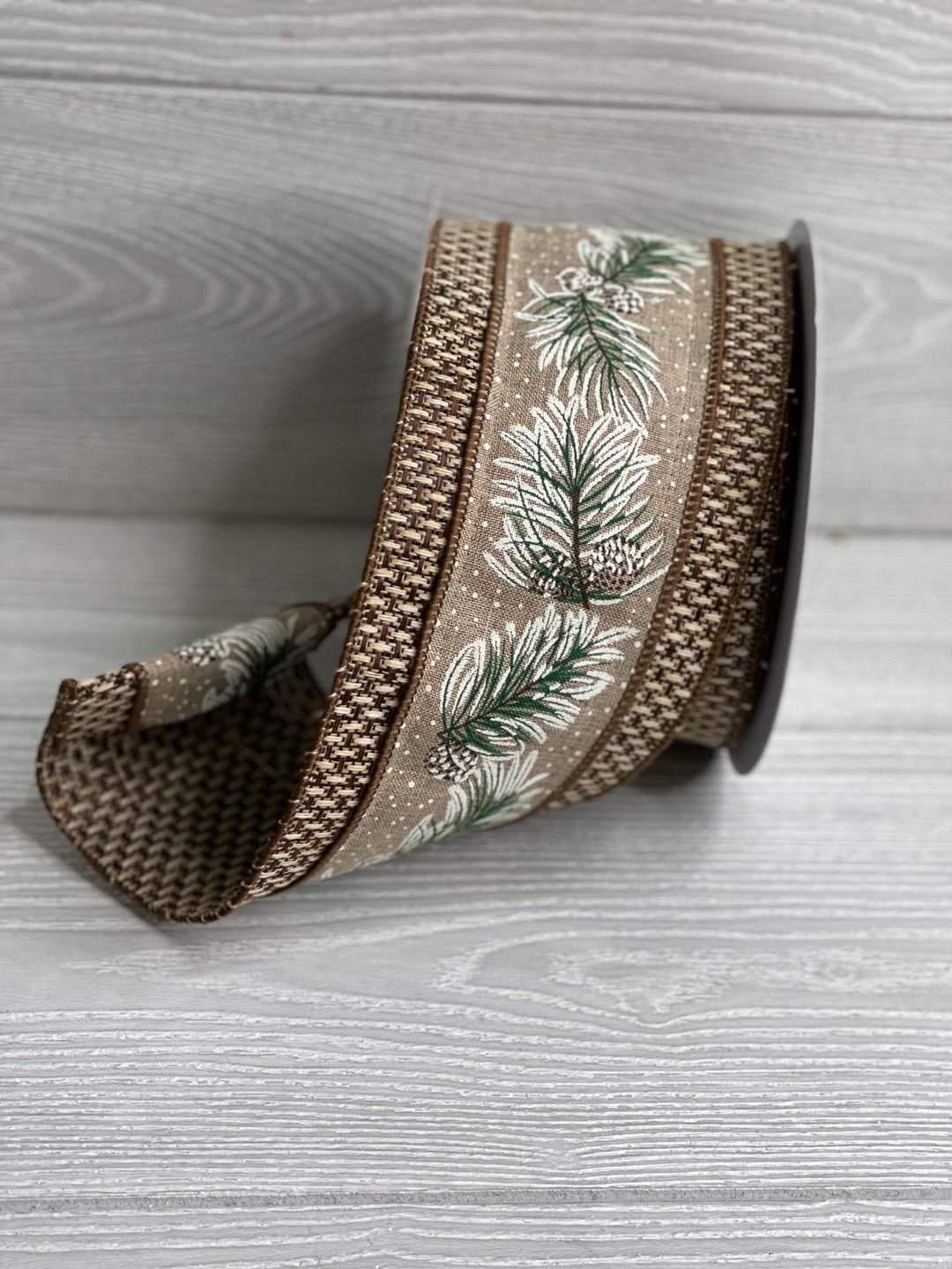 Tweed edge pine branch with pinecones ribbon - 4” - Greenery Marketwired ribbonMTX67879