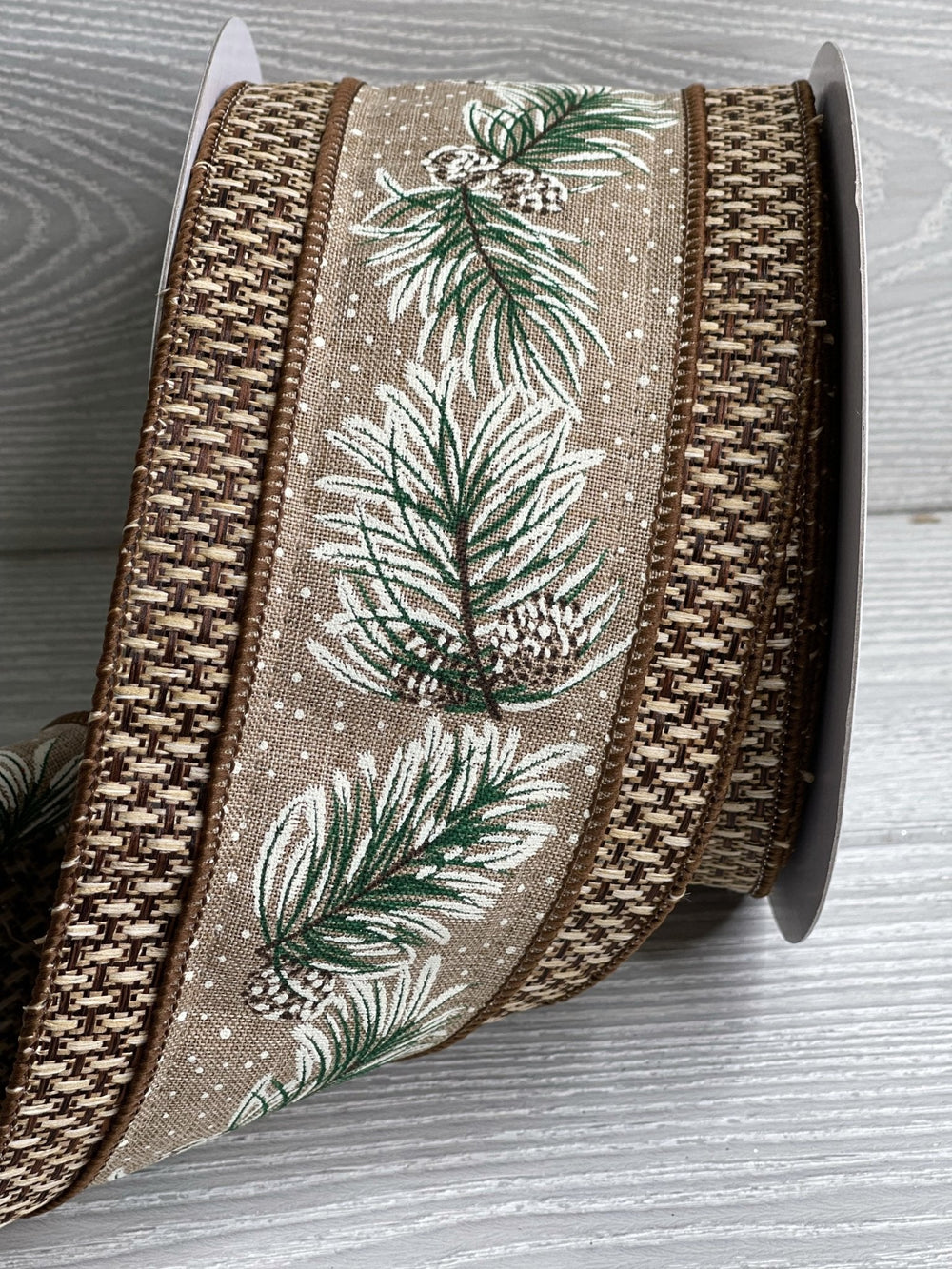 Tweed edge pine branch with pinecones ribbon - 4” - Greenery Marketwired ribbonMTX67879