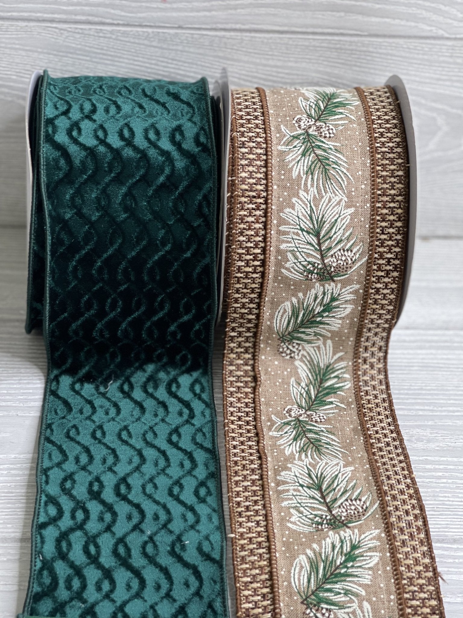 Tweed edge pine branch with pinecones ribbon - 4” - Greenery Marketwired ribbonMTX67879