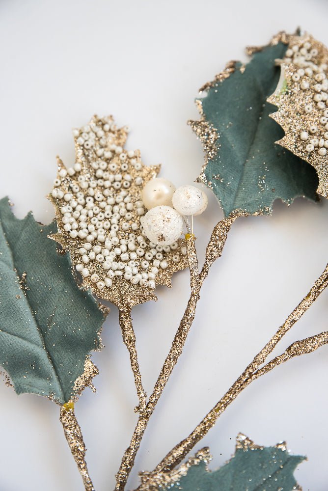 Velvet and beaded holly leaves spray - Greenery Market9745543