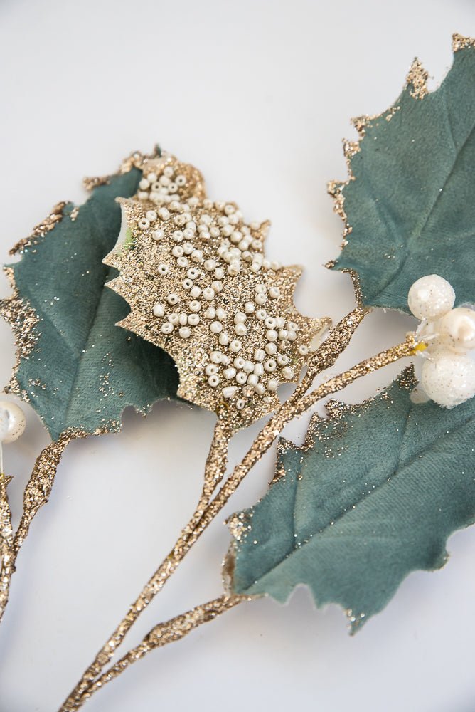 Velvet and beaded holly leaves spray - Greenery Market9745543