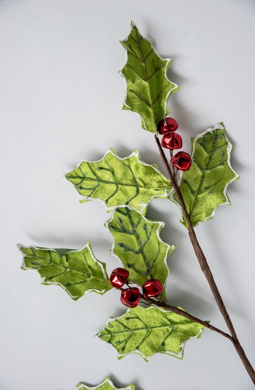 Velvet holly with red berry bells spray - Greenery MarketChristmas84607SP25