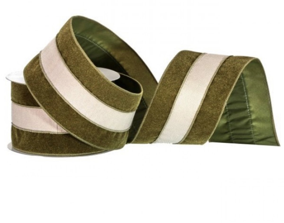 Velvet with corduroy stripe olive green / cream - Greenery Market Wired ribbon