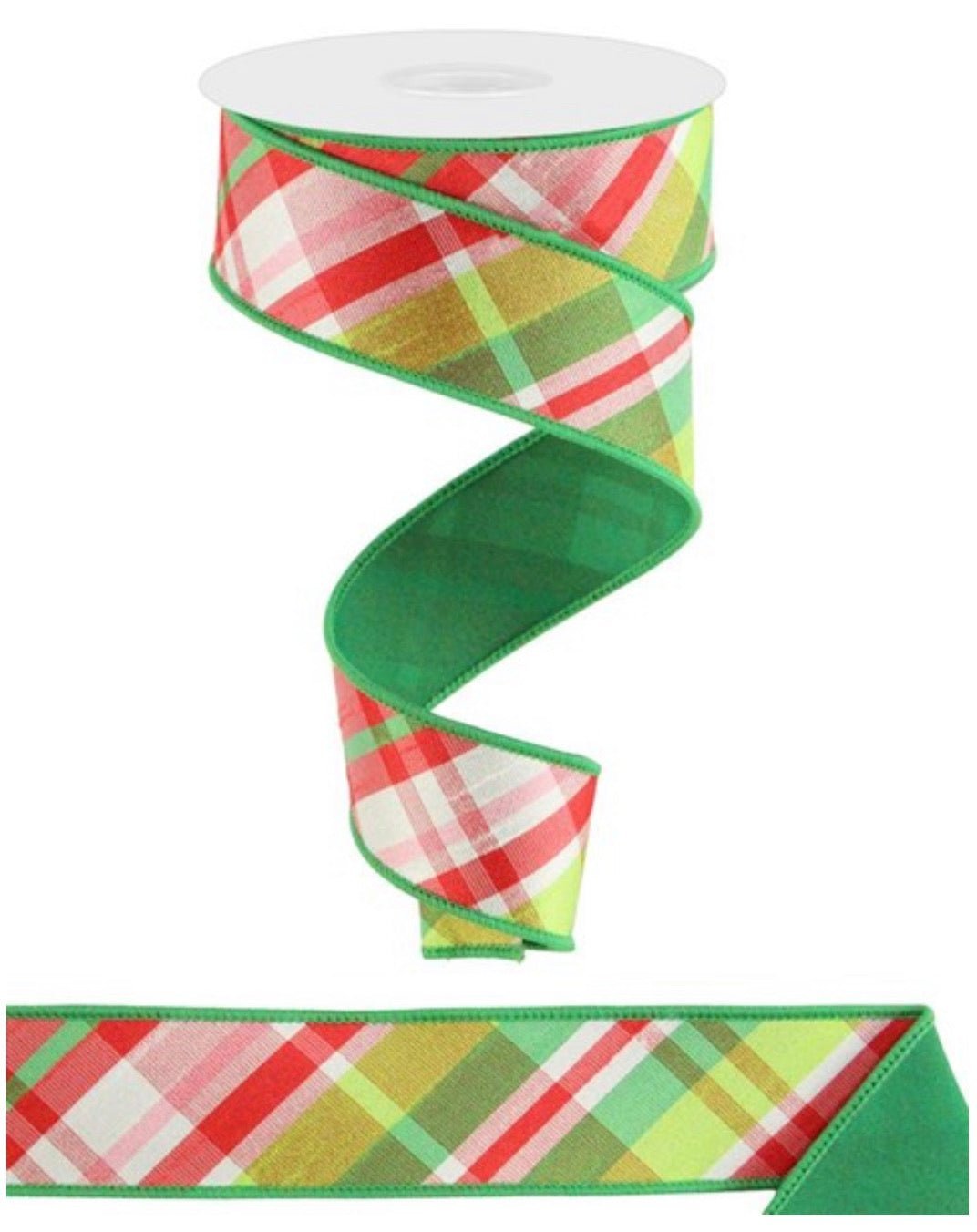 Watermelon plaid wired ribbon with fused back, 1.5