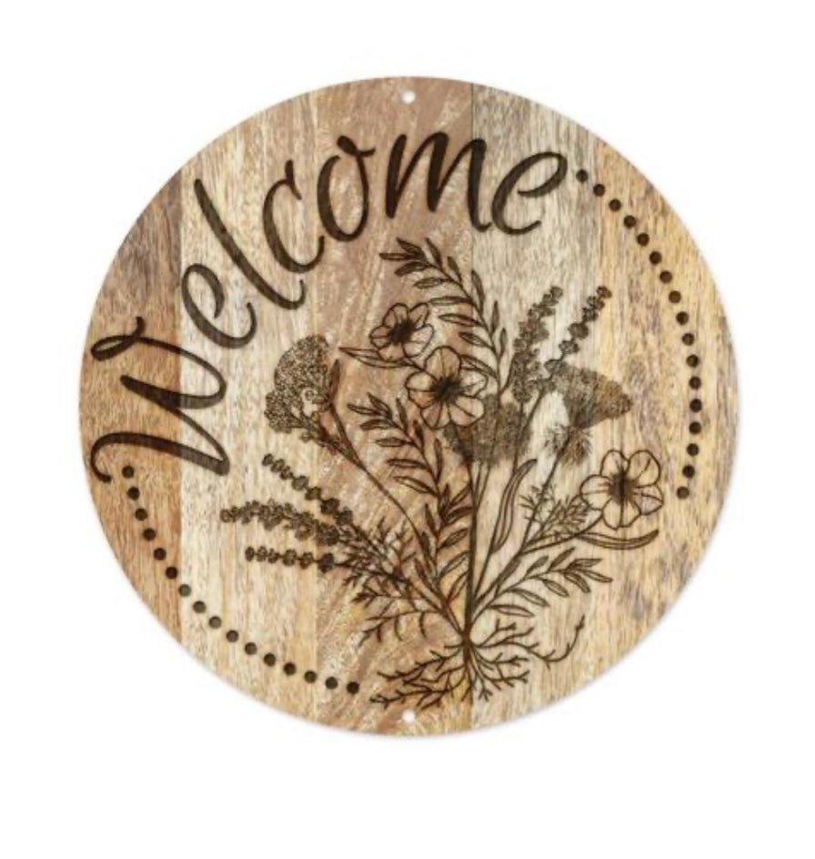 Welcome faux wood Wildflowers 12” round metal sign - Greenery MarketHome & GardenMD1118