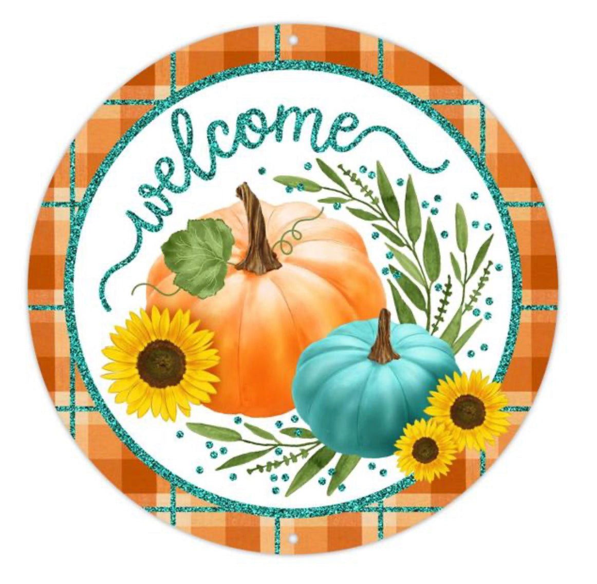 Welcome teal pumpkin Fall, round metal sign 8” - Greenery MarketSeasonal & Holiday DecorationsMD0963