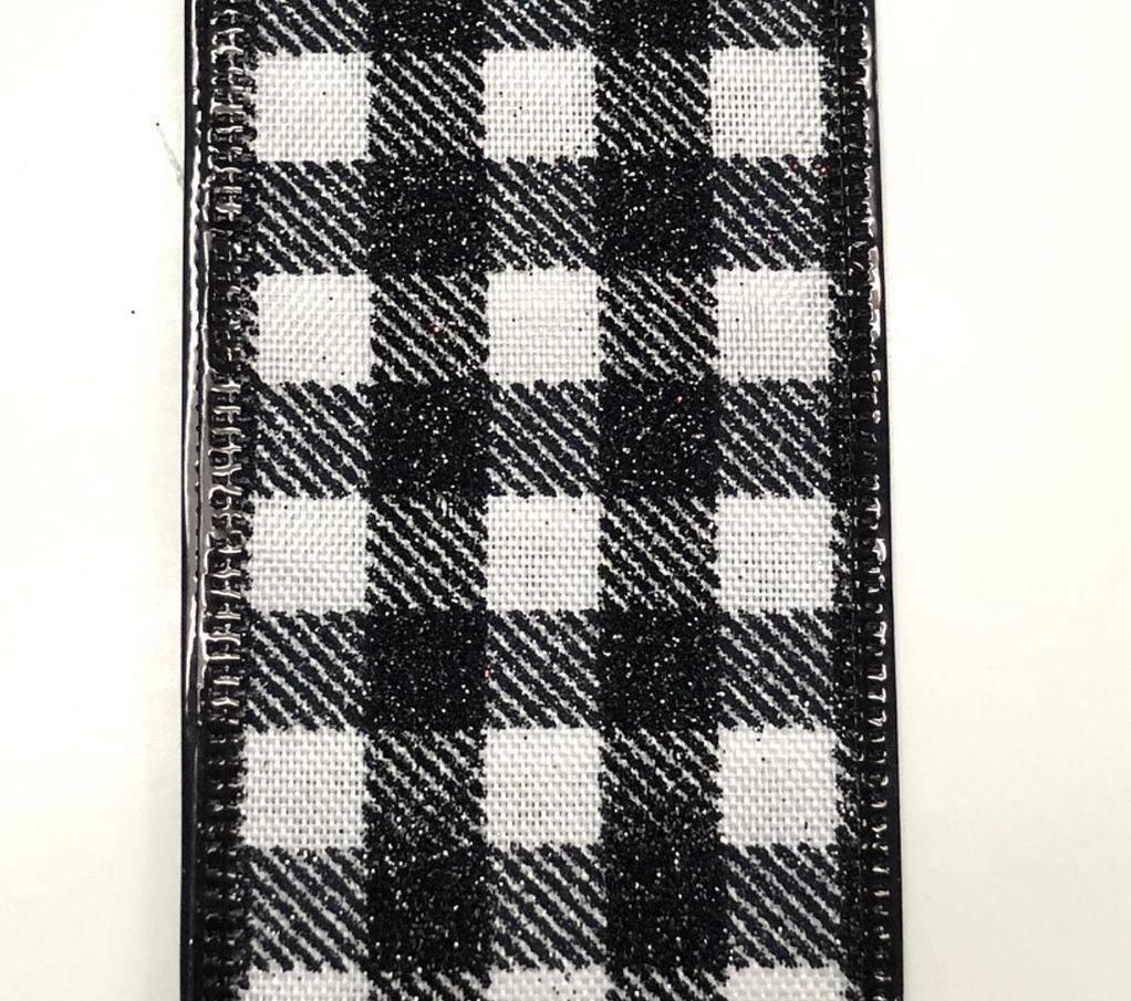 White and black buffalo plaid with glitter 2.5” - Greenery Market Wired ribbon