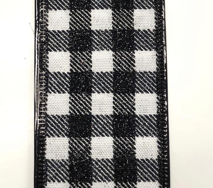 White and black buffalo plaid with glitter 2.5” - Greenery Market Wired ribbon