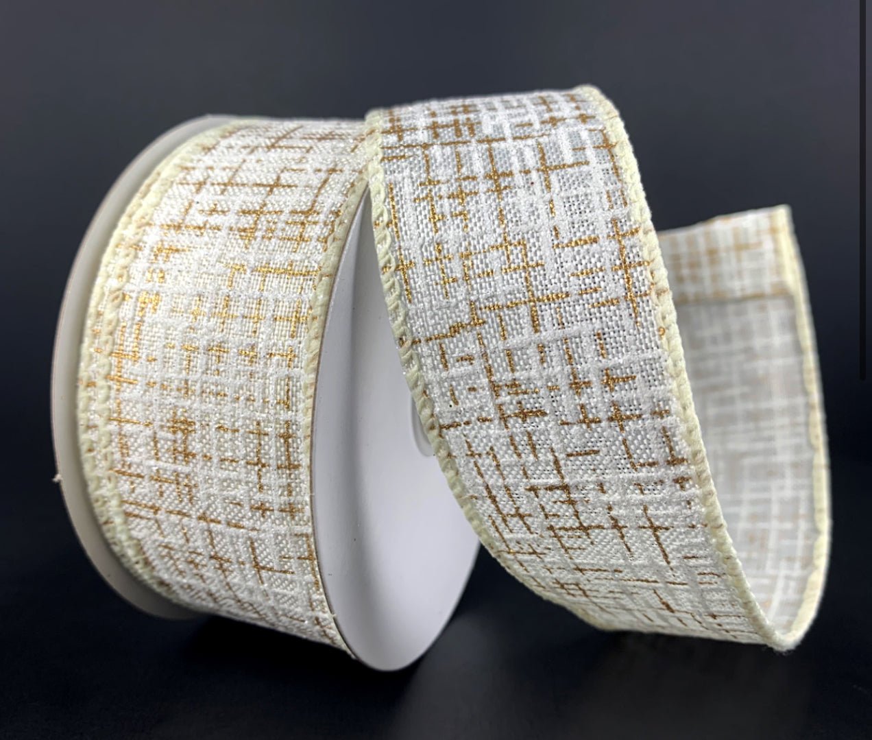 White and gold printed tweed wired ribbon, 1.5" - Greenery MarketWired ribbon72325-09-41