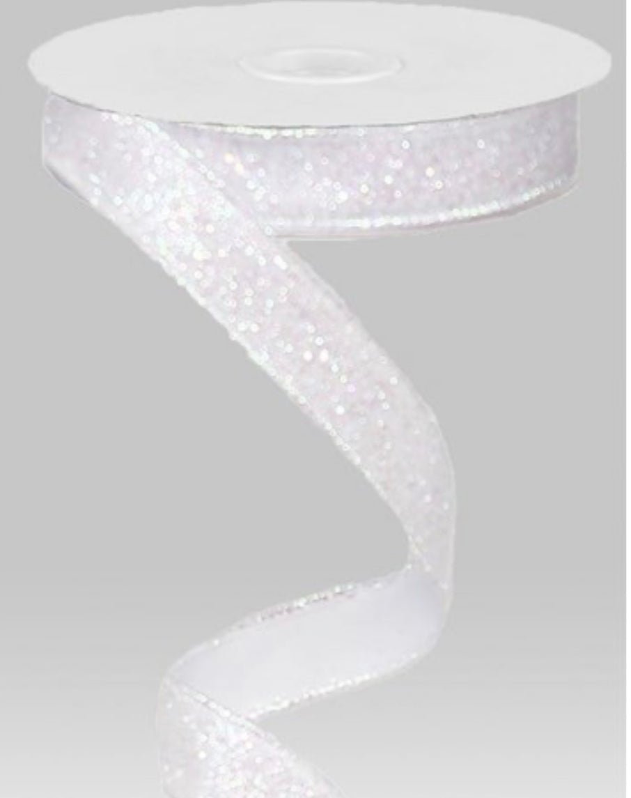 White glittered wired skinny wired ribbon, 5/8'' - Greenery MarketWired ribbonRJ2031