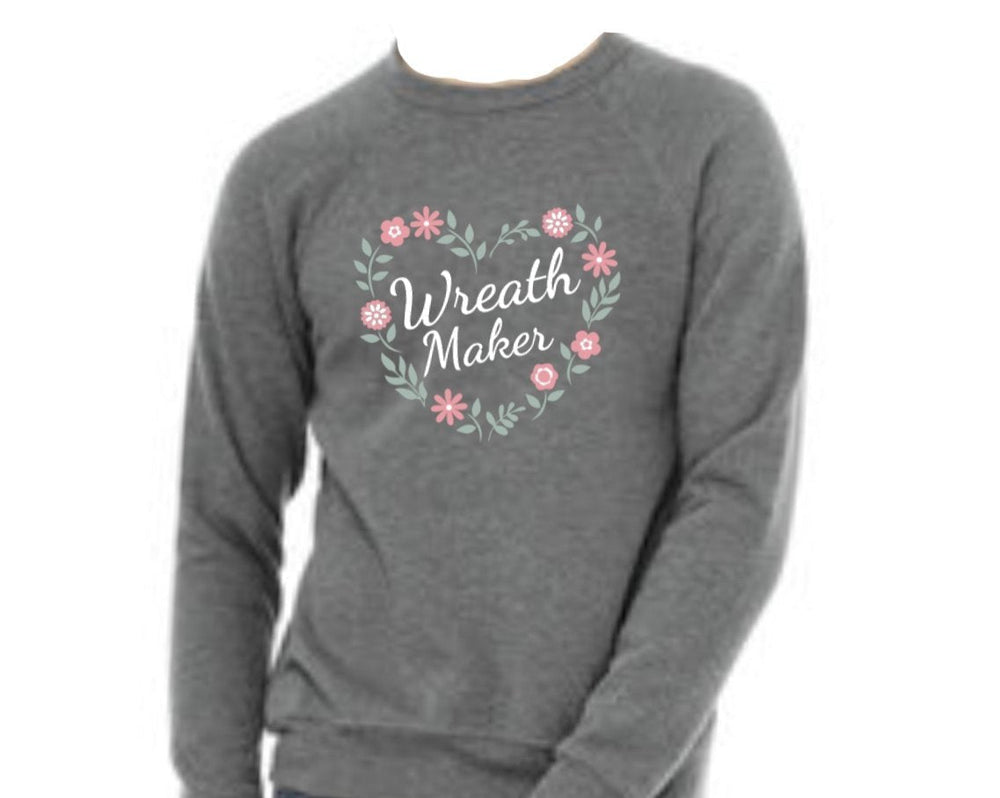 Wreath maker floral heart super soft heather gray unisex - wreath maker fleece sweatshirt - Greenery MarketClothingheartheathersweatsmall