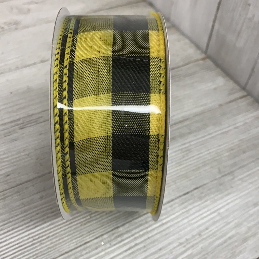 Yellow and black plaid 1.5” wired ribbon - Greenery Market Wired ribbon