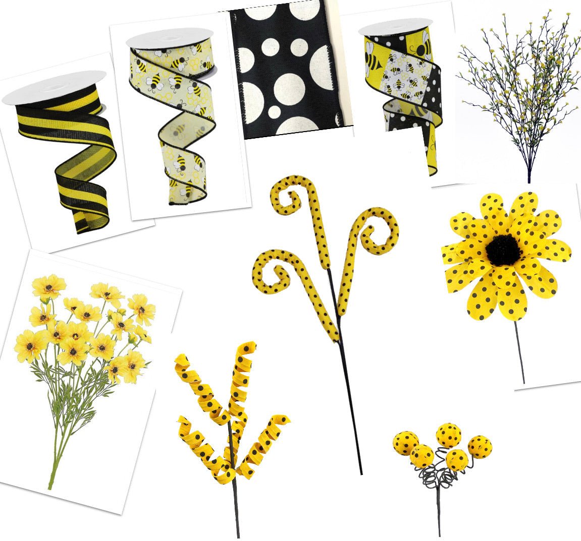 Yellow and black polka dotted flower spray - Greenery MarketPicks62814YWBK