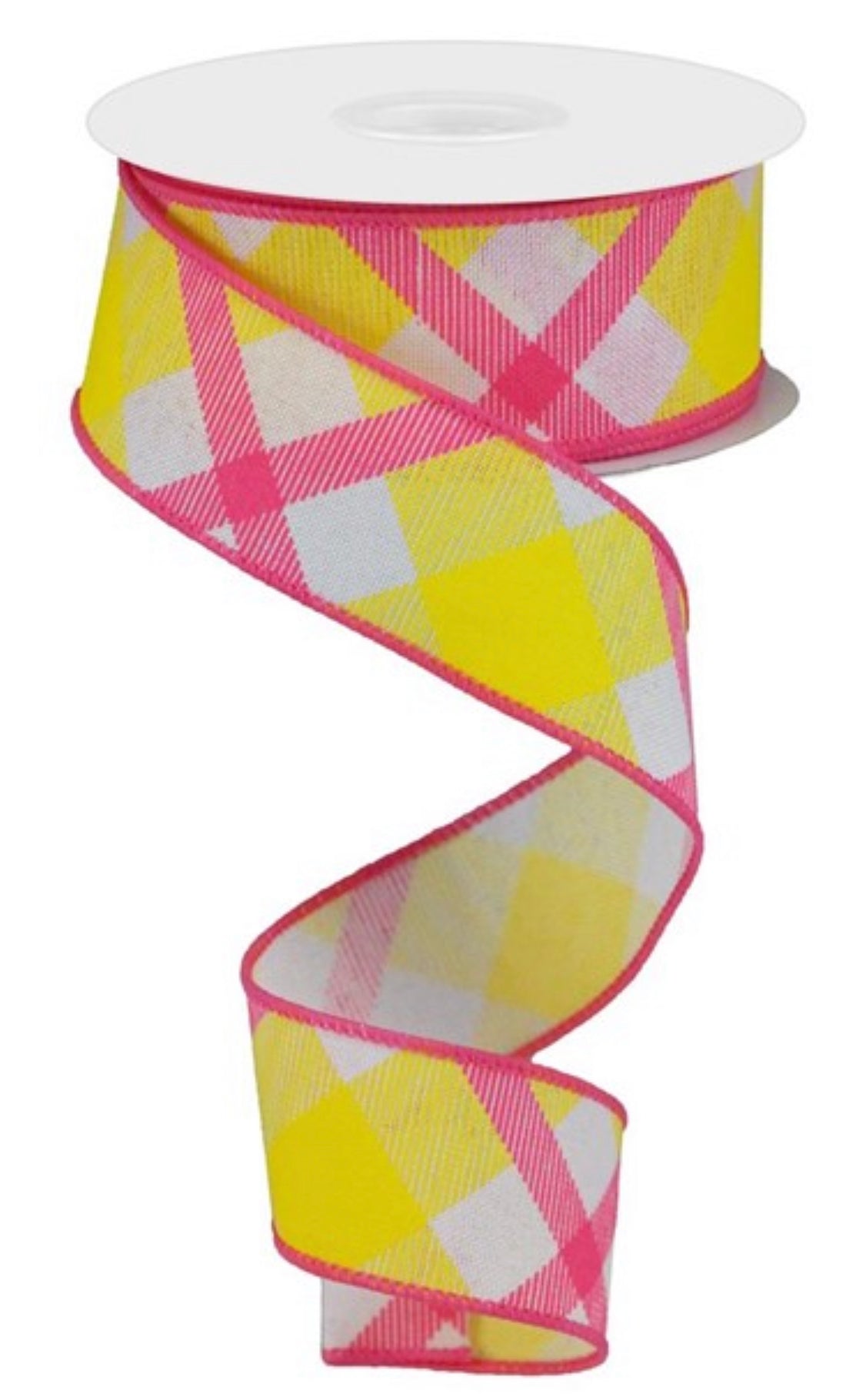 yellow and hot pink and white diagonal plaid wired ribbon, 1.5” - Greenery Marketwired ribbonRG0168211