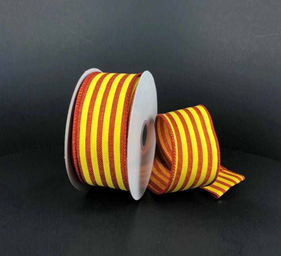 Yellow and orange stripe linen wired ribbon, 1.5