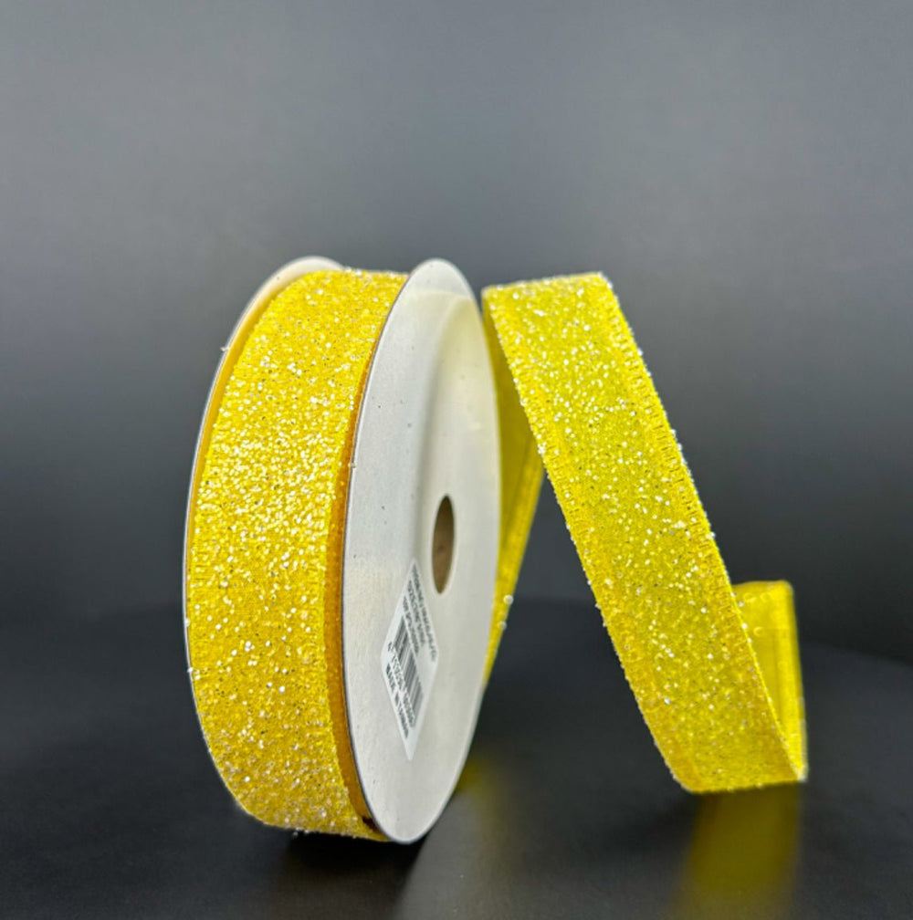 Yellow glittered wired ribbon, 7/8" - Greenery MarketWired ribbon46420-05-22