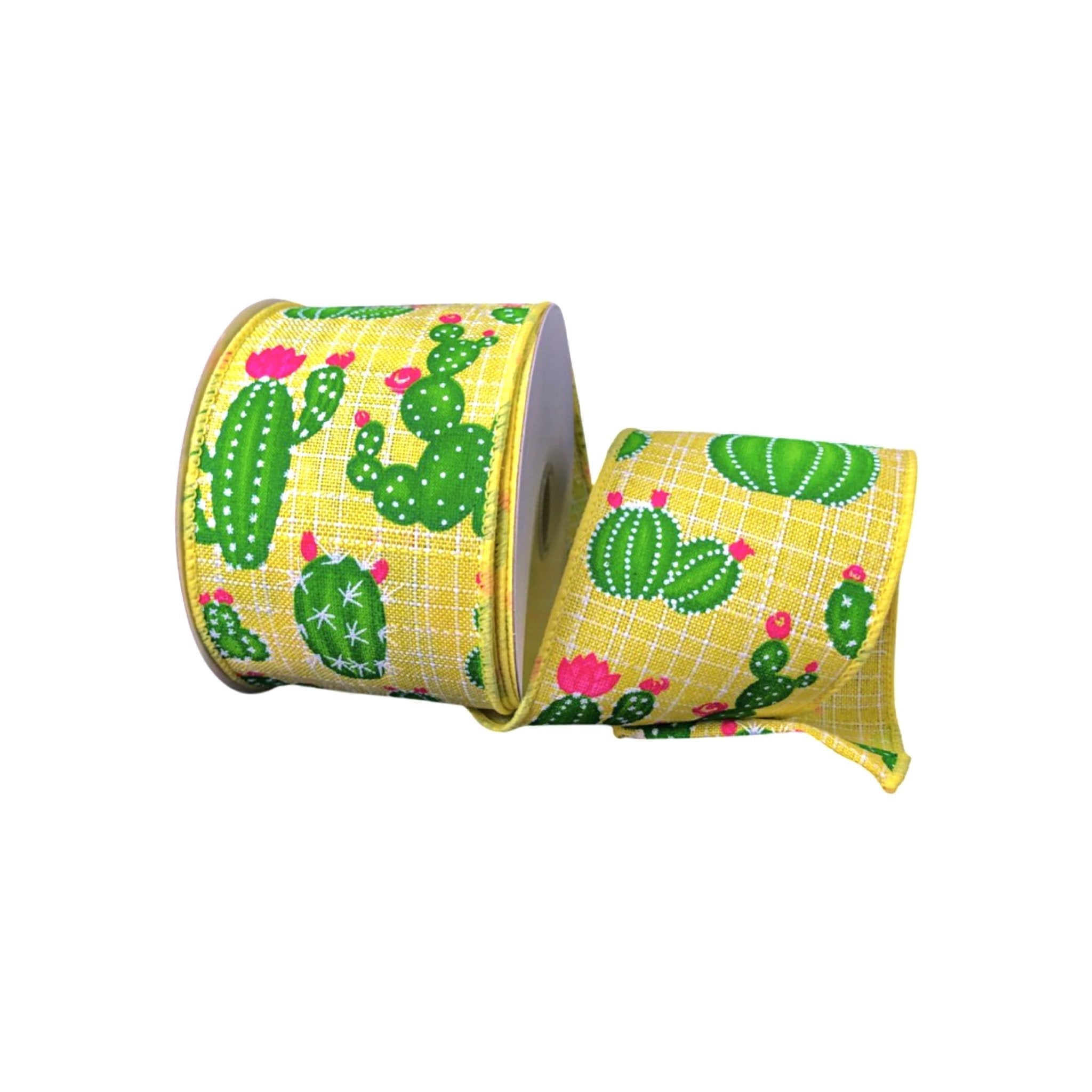Yellow, green, and Fuchsia pink cactus 2.5” wired ribbon - Greenery Market41249-40-22