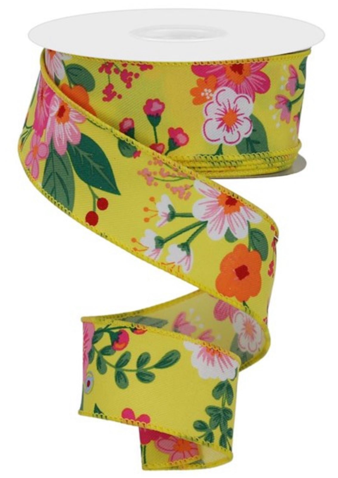 Yellow, pink and blue floral ribbon, 1.5