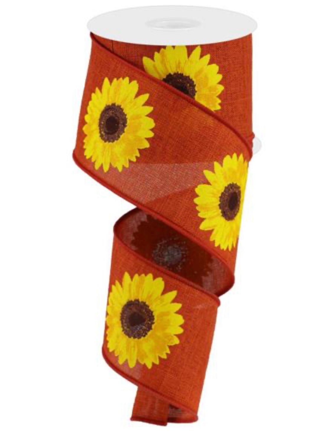 yellow sunflower on rust wired ribbon 2.5” - Greenery MarketWired ribbonRG0181374